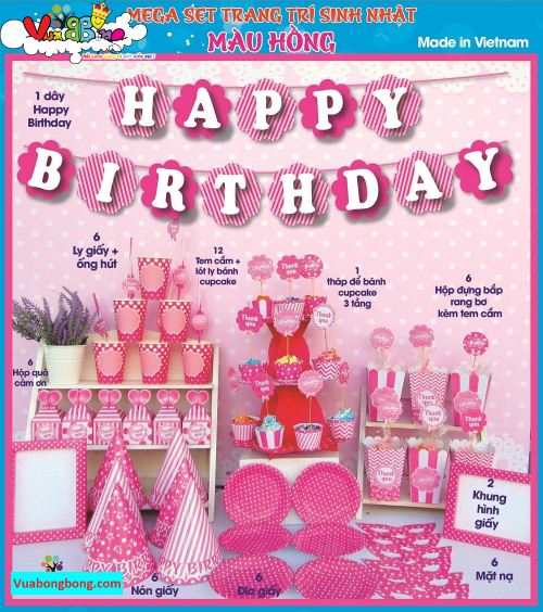 phụ kiện trang trí sinh nhật tông hồng dễ thương