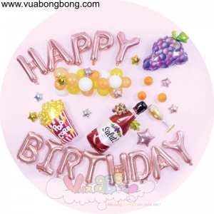 Set bong bóng chai, ly rượu vang nho Happy Birthday