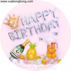 Set bong bóng chai, ly rượu thơm dứa vương miệng Happy Birthday bạc